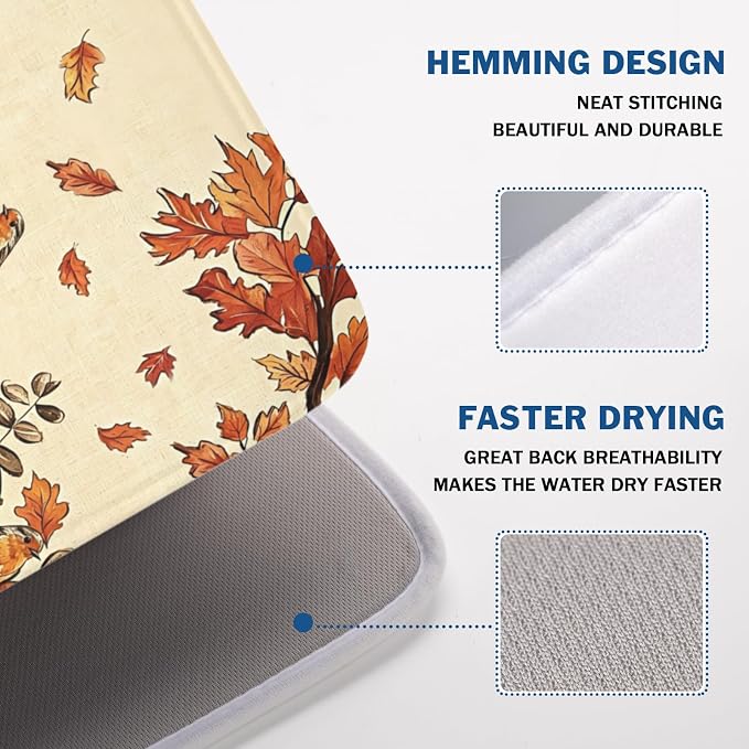 Fall Orange Pumpkin Dish Drying Mat for Kitchen Counter 18 x 24 Inch Autumn Maple Leaf Dish Drainer Mat Absorbent Microfiber Thanksgiving Harvest Dish Rack Pad for Coffee Dining Bar Decor