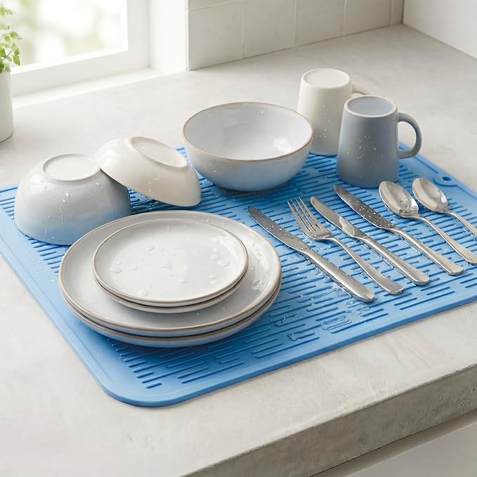 MicoYang Silicone Dish Drying Mat for Multiple Usage,Easy clean,Eco-friendly,Heat-resistant Silicone Mat for Kitchen Counter or Sink,Refrigerator or Drawer Liner Light Blue XL 18 inches x 16 inches