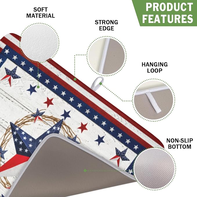 4th of July Patriotic Dish Drying Mat for Kitchen Counter Vintage Red and Blue Star Microfiber Dish Drainer Mat Country Absorbent Washable Drying Pad 16"x18"
