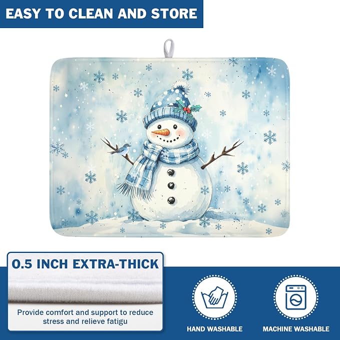 Winter Snowman Dish Drying Mat for Kitchen Counter 18x24 Inch | Blue Christmas Snowflake Snow Scene Dish Drainer Mat Rustic Seasonal Holiday Absorbent Washable Drying Pad