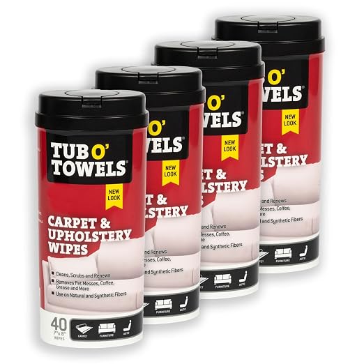 Tub O' Towels Carpet & Upholstery Cleaning Wipes 4 Pack – 7 x 8 Pre-Moistened Multi Surface Fabric Cleaning Wipes, 40 Count for Carpet, Rugs & Furniture