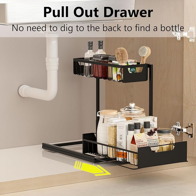 Ceetug Under Kitchen Sink Organizers and Storage, Black, 1 Pack | Slide Out Drawer, L-shape, 2 Tier, Cabinet Organizer for Kitchen Bathroom
