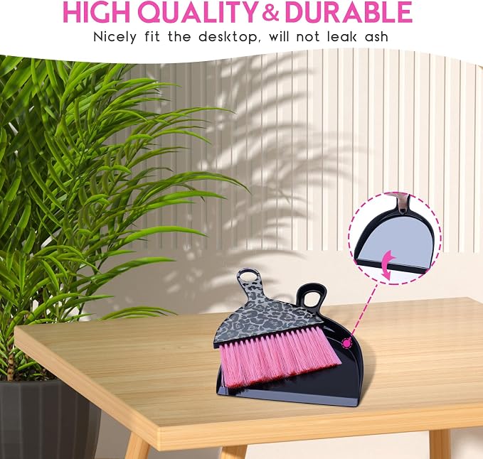 THINKLEARN 2PCS Small Dust Pan and Brush Set, Mini Broom Dustpan Kit | Portable Brush Dustpan Combo Set, Pink Leopard Print Design, Compact Cleaning Supplies