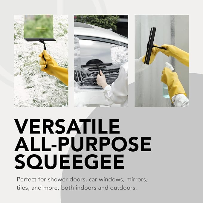 Metal Squeegee – Stainless Steel Window & Shower Cleaner | Soft silicone blade removes water & soap on shower doors, car windshields & glass – includes hook, Black