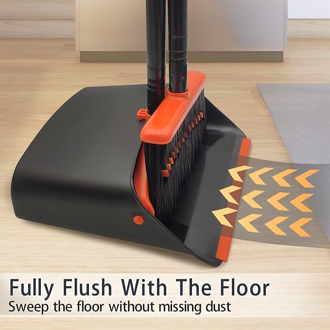 Broom and Dustpan Set for Home, JEHONN Long Handle Lightweight Indoor Broom Set Heavy Duty, Upright Standing Dust Pan with Comb Teeth Store Sweep Set for Room Kitchen Office Lobby