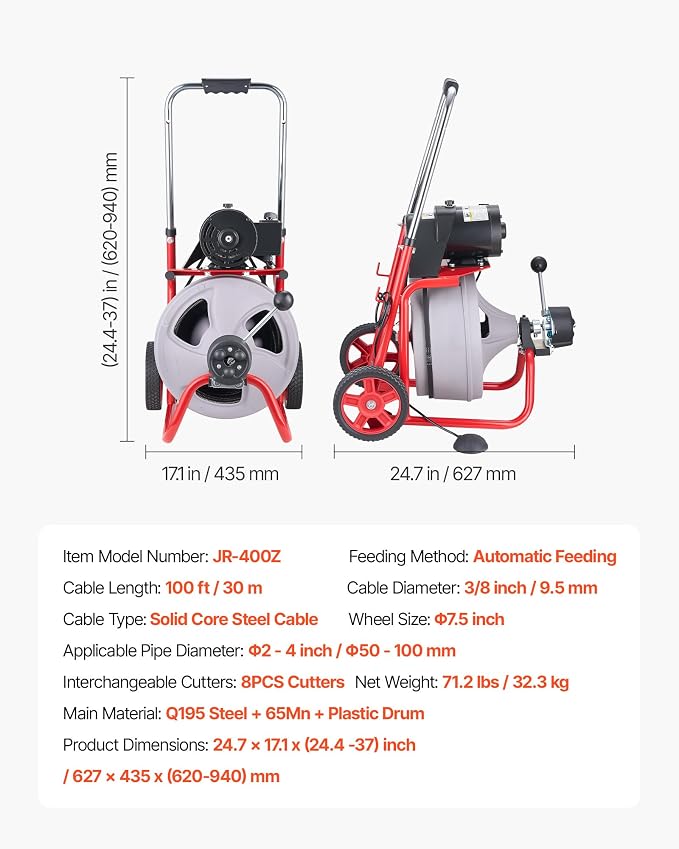 VEVOR Drain Cleaner Machine 100 FT x 3/8 Inch, Auto Feed Sewer Snake Drain Auger on Wheels, Portable Drain Cleaning Machine with 8 Cutters & Air-Activated Foot Switch for 2" to 4" Pipes