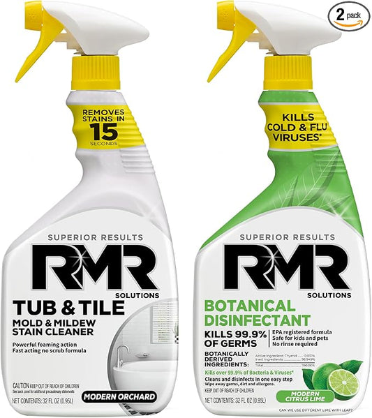 RMR Germ & Grime Guard Bundle – Tub & Tile Mold & Mildew Stain Remover + Botanical Disinfectant Cleaner, 2-Step Bathroom & Home Cleaning for Tile, Grout, Shower, Counters & More, 2–32 Oz Bottles
