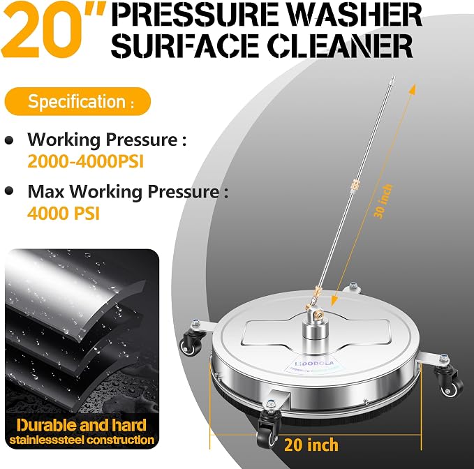 LidoDola 20'' Pressure Washer Surface Cleaner, Power Washer Accessory | Stainless Steel Housing with 4 Wheels, 1/4" QC, 2 Extension Wands & 2 Replacement Nozzles, for Gas & Electric Pressure Washer