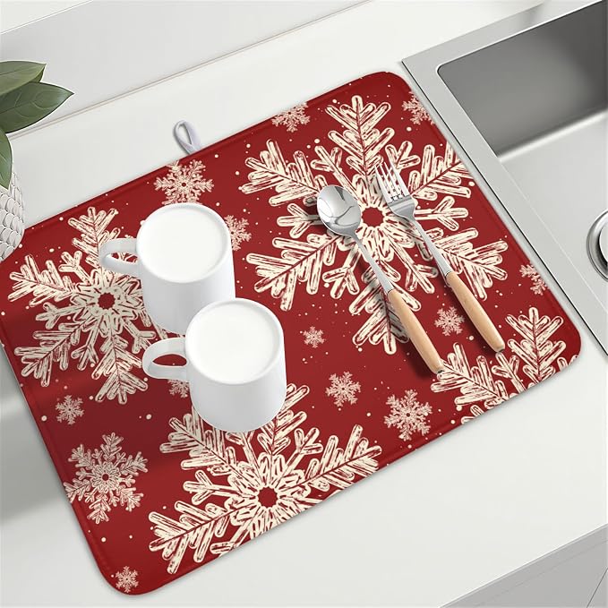 Red Christmas Dish Drying Mat for Kitchen Counter 18x24 Inch | Christmas Snowflake Dish Drainer Mat Rustic Farmhouse Xmas Holiday Absorbent Washable Drying Pad