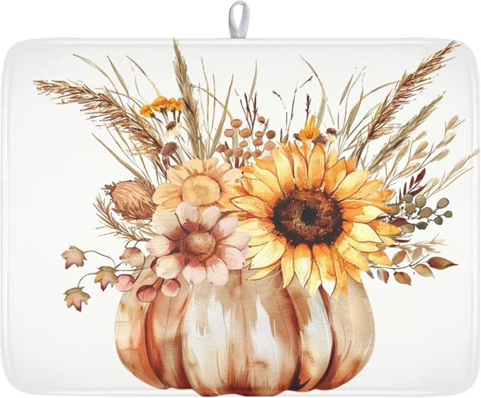 Fall Sunflower Dish Drying Mat for Kitchen Counter 18 x 24 Inch Autumn Orange Pumpkin Dish Drainer Mat Absorbent Microfiber Thanksgiving Harvest Dish Rack Pad for Coffee Dining Bar Decor