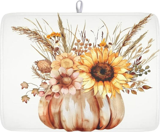 Fall Sunflower Dish Drying Mat for Kitchen Counter 18 x 24 Inch Autumn Orange Pumpkin Dish Drainer Mat Absorbent Microfiber Thanksgiving Harvest Dish Rack Pad for Coffee Dining Bar Decor