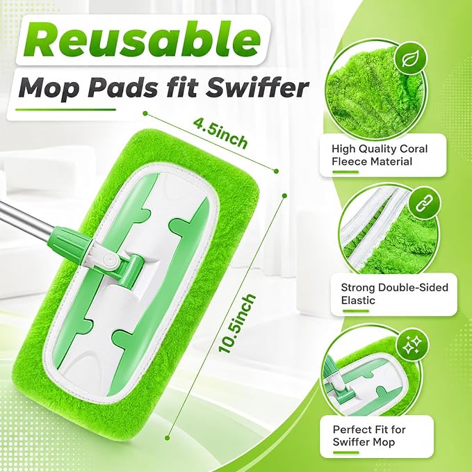 Reusable Mop Pads Compatible with Swiffer Sweeper Mop Cleaning Mop Pads Refill for Dry & Wet Sweeping for Multi-Surface/Hardwood Floor Cleaning (Green)