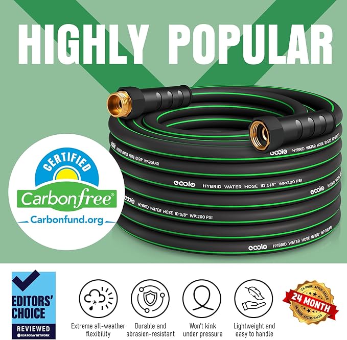 Garden Hose 50 ft x 5/8" with Nozzle, Water Hose Heavy Duty Flexible, Lightweight Kink-less Hybrid Hose with Swivel Handle, Male to Female Fittings