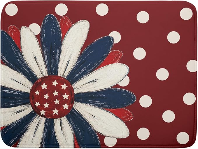 Patriotic Dish Drying Mat 18x24 In Red and Blue Daisy Microfiber Kitchen Draining Mat for Countertops