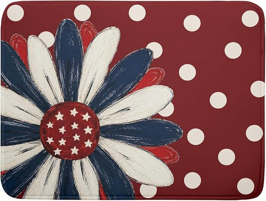 Patriotic Dish Drying Mat 18x24 In Red and Blue Daisy Microfiber Kitchen Draining Mat for Countertops