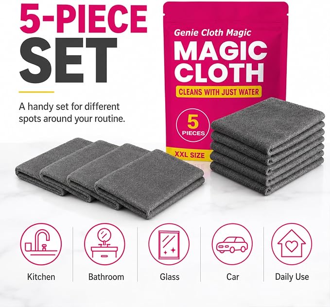5 PackGenie Cloth Magic Cloth,Genie Magic Cleaning Cloth,Lint Free MicrofiberCleaning Cloths for Glass, Window, Kitchen,Stainless Steel,Cars & Screens,Reusable,5-Pack (1PCS)