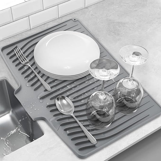 Silicone Dish Drying Mat for Kitchen Counter, Dish Drainer Mat, Non-Slip Drying Pad with Built-in Drain, Kitchen Drying Matt For Counter(18.9" x 11.8", Gray)