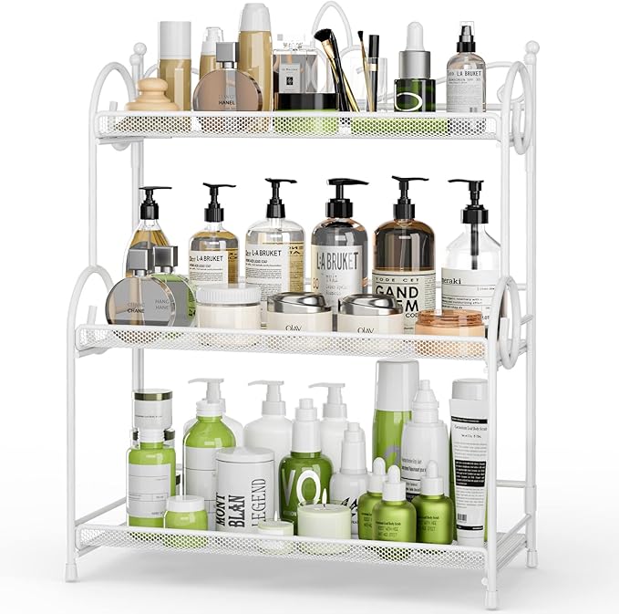 EKNITEY 3-Tier Bathroom Organizer - Sink Organizer Spice Rack(No Assembly) | for Bathroom Kitchen Bedroom Countertop Storage, Sturdy Metal Frame, Easy to Clean, Space-saving, Foldable, White