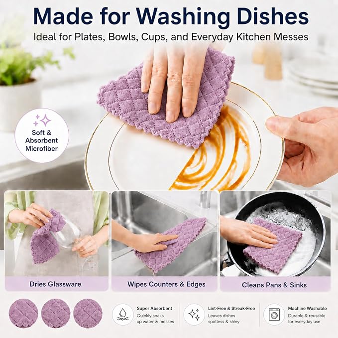 kimteny 12 Pack Dish Cloths for Washing Dishes, Super Absorbent Microfiber Kitchen Dish Rags, Fast Drying Coral Velvet Dish Cloths for Kitchen Counter and Dishes (Purple-Grey)