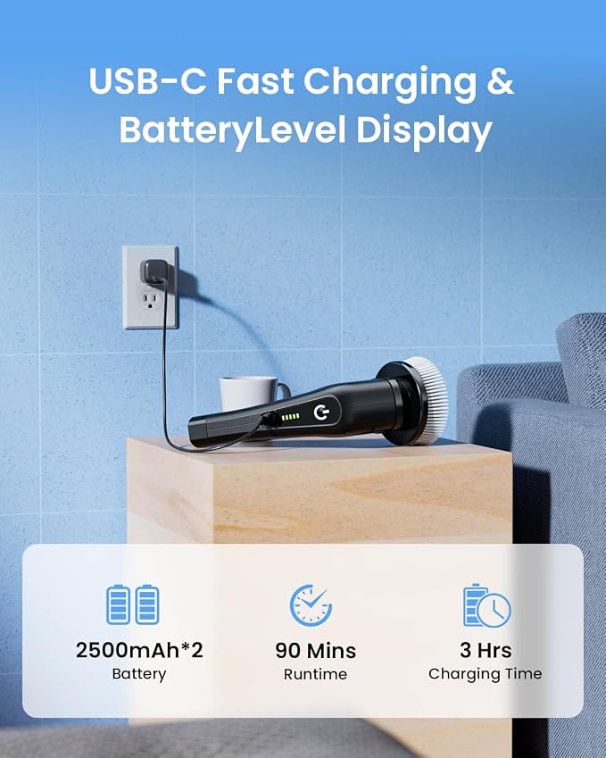 Leebein Electric Spin Scrubber, Cordless Cleaning Brush with 8 Replaceable Brush Heads, Tub and Floor Tile Power Scrubber Dual Speed with Adjustable & Detachable Handle for Bathroom Tub (All Black)
