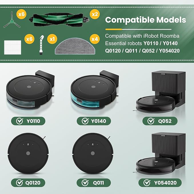19 Pack Accessories Compatible with iRobot Roomba Combo & Essential Robot | Replacement Parts for Roomba 104/105/Y0110/Y0140/Q0120/Q011,2 Roller Brush,6 Filters,6 Side Brushes,4 Mop Pads&Cleaning Brush