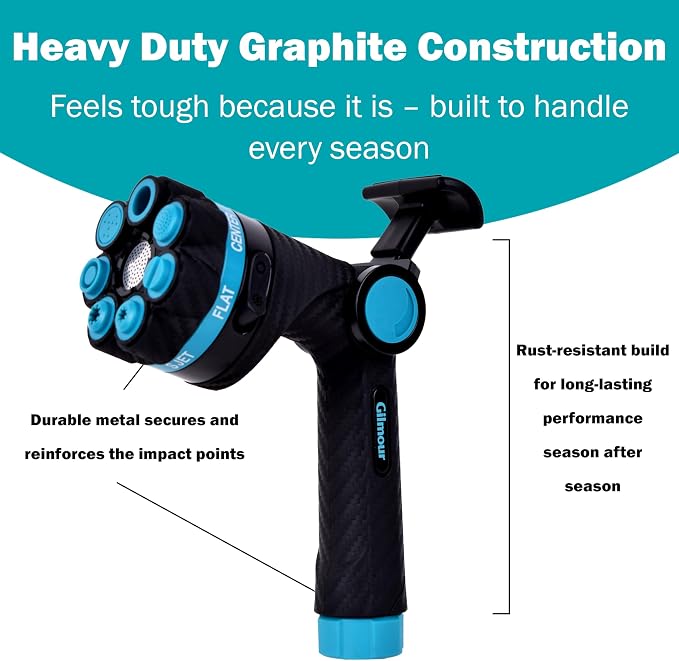 Gilmour Heavy Duty Graphite Fireman Garden Hose Nozzle with Swivel Connect | 8 Pre-set Spray Patterns, Flow Control, Durable Metal Build, Multi Use for Plants, Pets, Cars, and Patios