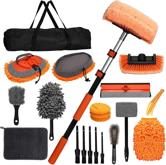 21Pcs Car Wash Kit with 60" Heavy-Duty Extension Pole, Soft Car Wash Brush, Wheel & Tire Brush, Scratch-Free Car Mop Mitt & Window Squeegee, Detailing Tool for Car Exterior & Interior Cleaning