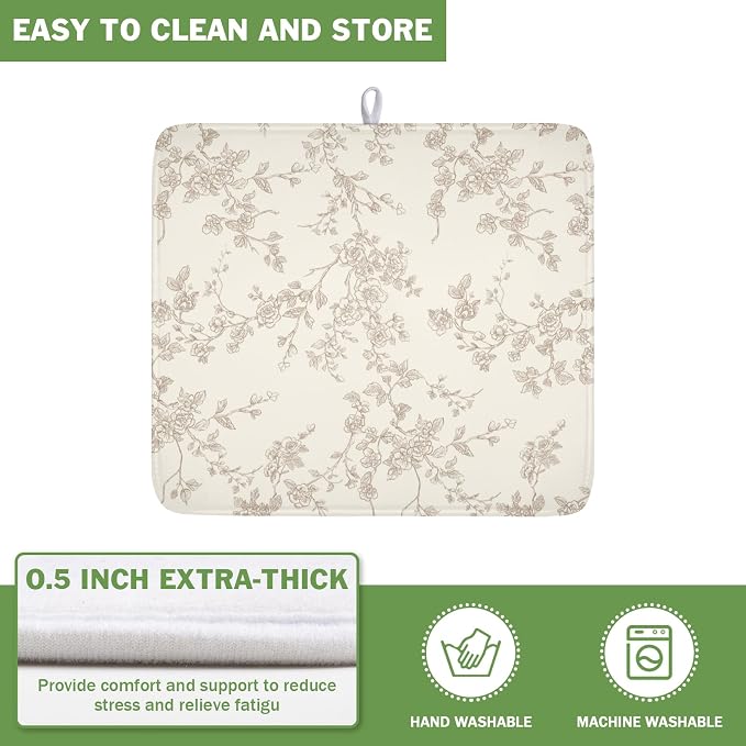 Brown and Cream Chinoiserie Floral Dish Drying Mat 16x18 Inch | Polyester，Absorbent Microfiber，for Kitchen Coffee Dining Bar Decor