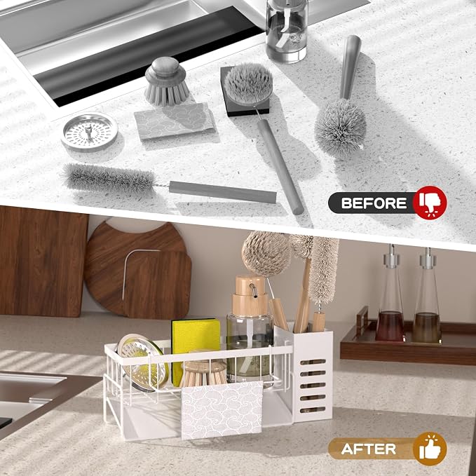 Kitchen Sink Caddy Organizer,Stainless Steel Sponge Holder with Dish Brush Holder,Soap Caddy for Countertop,Kitchen Sink Organizer Countertop Sink Accessories,Cleaning Caddy