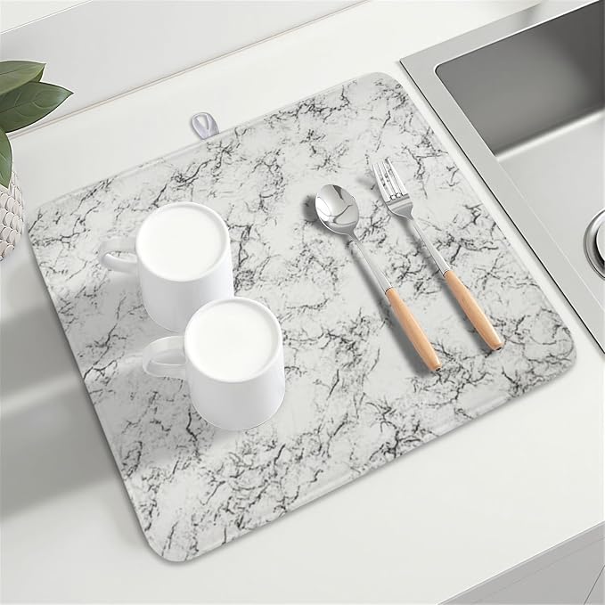 White Grey Marble Dish Drying Mat for Kitchen Counter Modern Marble Pattern Microfiber Dish Drainer Mat Absorbent Washable Drying Pad 16"x18"