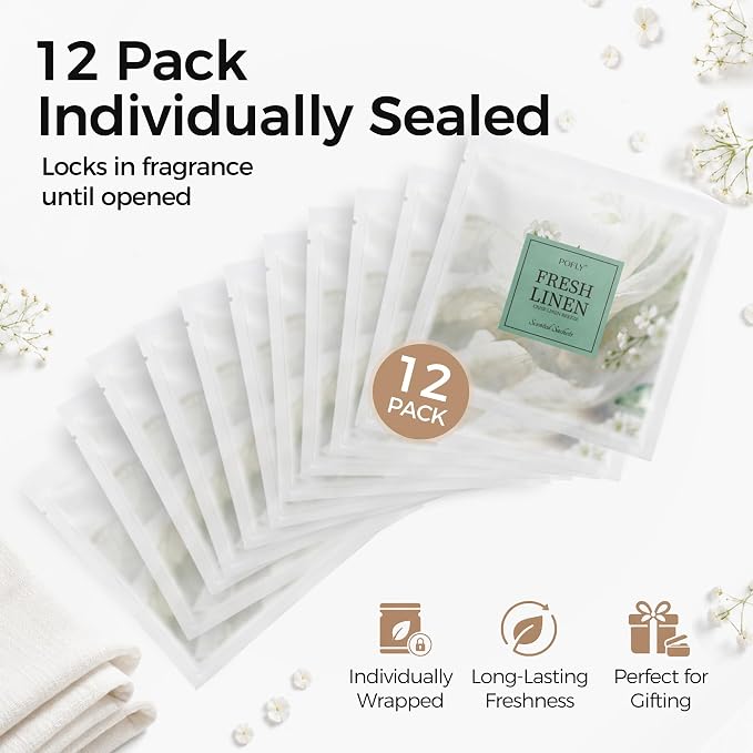 12 Pack Fresh Linen Scented Sachets, Air Freshener for Small Spaces | Hanging Sachet Bags with Retractable Hook; Closet Deodorizer & Odor Eliminator for Drawers, Shoe Cabinets, Cars & Luggage