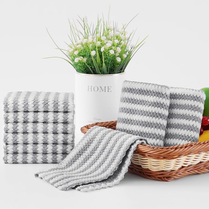 Homaxy 24 Pack Kitchen Dish Cloths, Ultra Soft and Absorbent Dish Towels, Reusable Fast Drying Microfiber Cleaning Cloth, Coral Velvet Wave Design No-lint, 10 x 10 inches, Grey