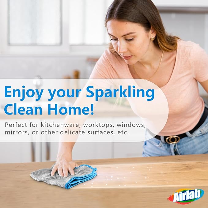 Airlab Glass Polishing Streak Free Miracle Cleaning Cloth, Sliver-Blue | Lint Free Microfiber Cleaning Rags for Glasses Kitchen Dish Mirrors Easy Clean, 12 x 12 Inches, Pack of 6