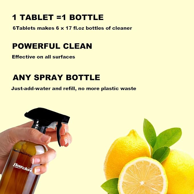 flowcheer MultiPurpose Cleaner Starter Kit-Lemon Scent all purpose cleaner concentrate,cleaning tablets (6 Refill tablets) with Reusable Spray Bottle Multi-Surface Cleaner, 6x17fl oz