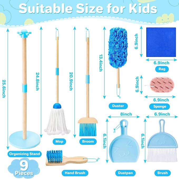 WHOHOLL 9 Pcs Wooden Kids Cleaning Toy Set, Cleaning Toys for Toddlers 3-6, Housekeeping Play Set Includes Broom Mop Duster Dustpan Sponge and Organizing Stand, Christmas Birthday Gifts for Boys Girls