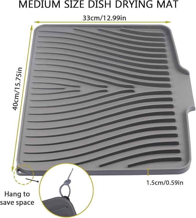 Silicone Drying Mat, 16"X13" With Built-in Drain Lip,Heat-Resistant,Eco-friendly,Hygienic Drying Pad,Leak-Proof and Non-Slip,Silicone Dish Drying Mat for Kitchen Counter or Sink（Gray 16X13）