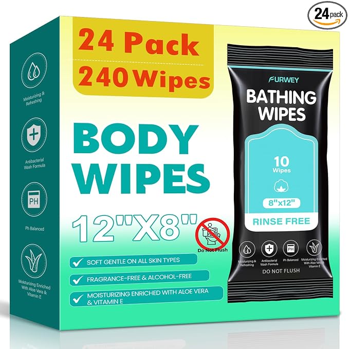 XL No-Rinse Body Wipes for Adults –24 Packs (240 Total) – Oversized, Extra Thick, and Shower-Fresh – Soft, Gentle & Disposable – For Men, Women, and Seniors – Ideal for Camping & Travel（Do Not Flush）