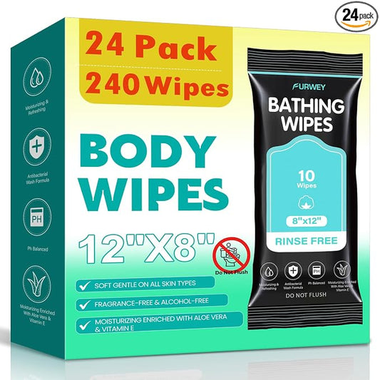 XL No-Rinse Body Wipes for Adults –24 Packs (240 Total) – Oversized, Extra Thick, and Shower-Fresh – Soft, Gentle & Disposable – For Men, Women, and Seniors – Ideal for Camping & Travel（Do Not Flush）