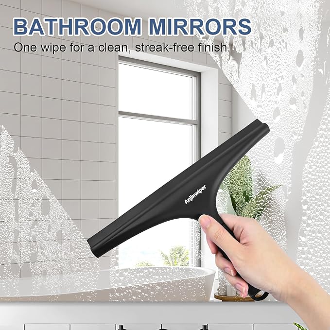 Shower Squeegee for Glass Doors, 10 Inch Bathroom Squeegee for Shower Glass | Streak Free No Squeak, Anti-Rust, All Purpose Glass Squeegee with Hook, for Walls, Mirror, Window, Car, Water & Soap Removal
