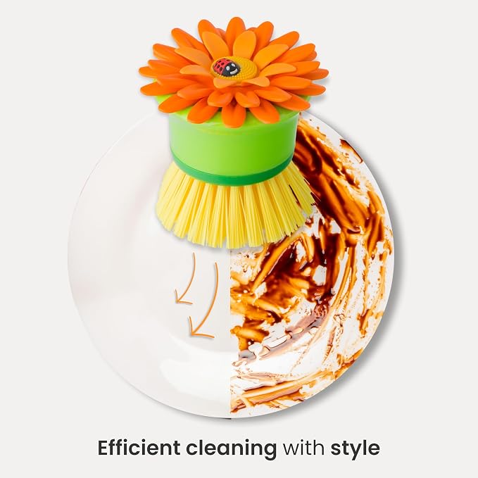 Vigar Flower Power Palm Dish Scrub Brush with Holder, Kitchen Scrub Brush for Dishes, Dish Scrubber, Sink Brush, Dishwashing Brush and Vegetable Scrubber for Household Cleaning - Orange, Green