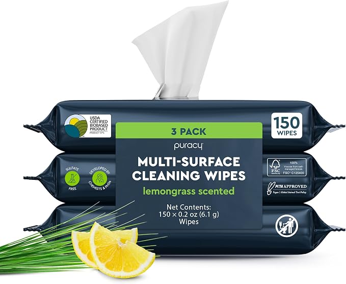 Puracy All Purpose Cleaning Wipes – Non Toxic Multi-Surface Cleaner & Appliance Wipes for Car, Bathroom, Kitchen – Lemongrass Scent (150 Count, 3 Pack)