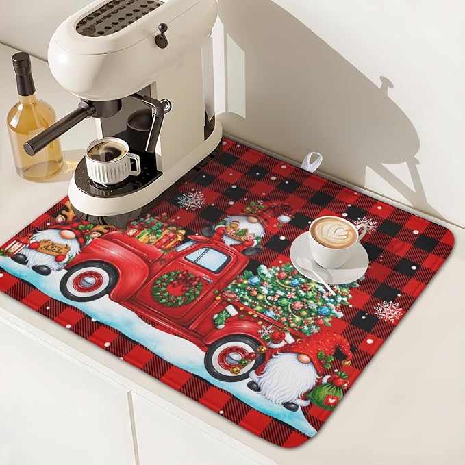 Christmas Dish Drying Mat for Kitchen Counter Xmas Gnome Truck Red Black Buffalo Plaid Dish Drainer Mat Rustic Farmhouse Holiday Absorbent Washable Drying Pad 16"x18"