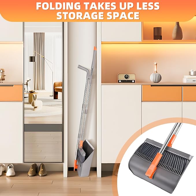 Broom and Dustpan Set, 51 inch Long Adjustable Handle Angle Broom and Dustpan Combo Set with Double Dustpan Teeth to Clean Hair for Home Kitchen Office Lobby, Orange&Grey