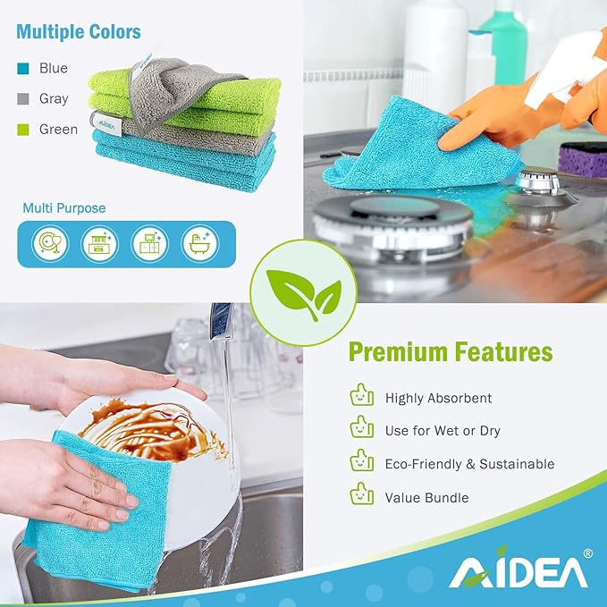 AIDEA Microfiber Cleaning Cloth 100PK, Microfiber Towels for Cars 12"x12" | Absorbent Cleaning Rags, Reusable Microfiber Towel Lint-Free Streak-Free for House, Kitchen, Window Multicolor Soft Bulk Rags