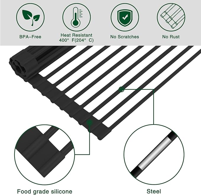 HANZENMA Roll Up Dish Drying Rack Over The Sink Kitchen Roll Up Sink Drying Rack Multipurpose Foldable Sink Drying Mat, Heat-Resistant, Anti-Slip & Anti-Rust Dish Rack for Kitchen, 20.5" x 13", Black