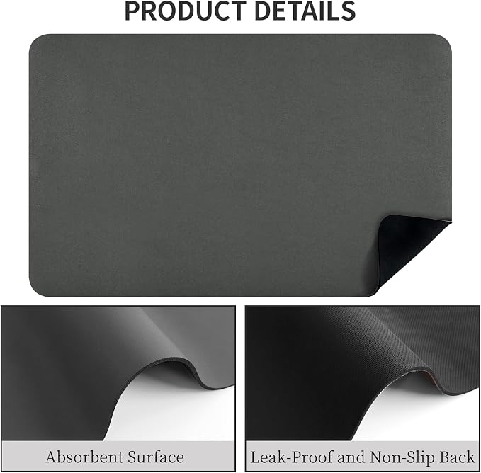 Dish Drying Mat for Kitchen Counter, 16“ x 24” Super Absorbent Kitchen Dish Drying Pad, Coffee Bar Mat with Rubber Backed, Coffee Bar Accessories for Countertop Dishes Utensils, Dark Gray