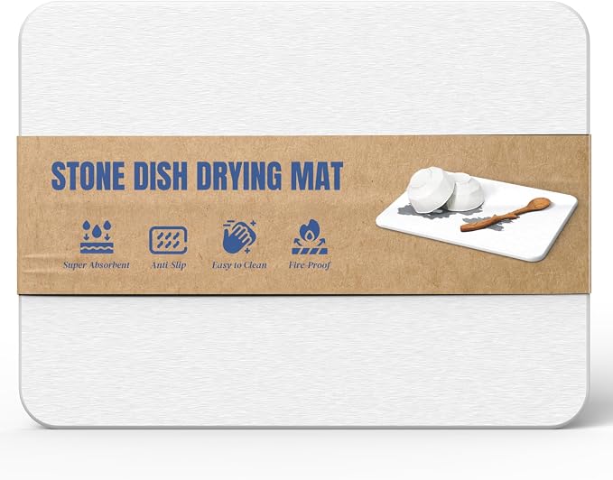 Quick Dry Stone Drying Mat for Kitchen Counter, Water-Absorbent Diatomaceous Dish Drying Mats, Multi-Purpose Stone Drying Tray for Cups Dishes Bottles, Carrara White