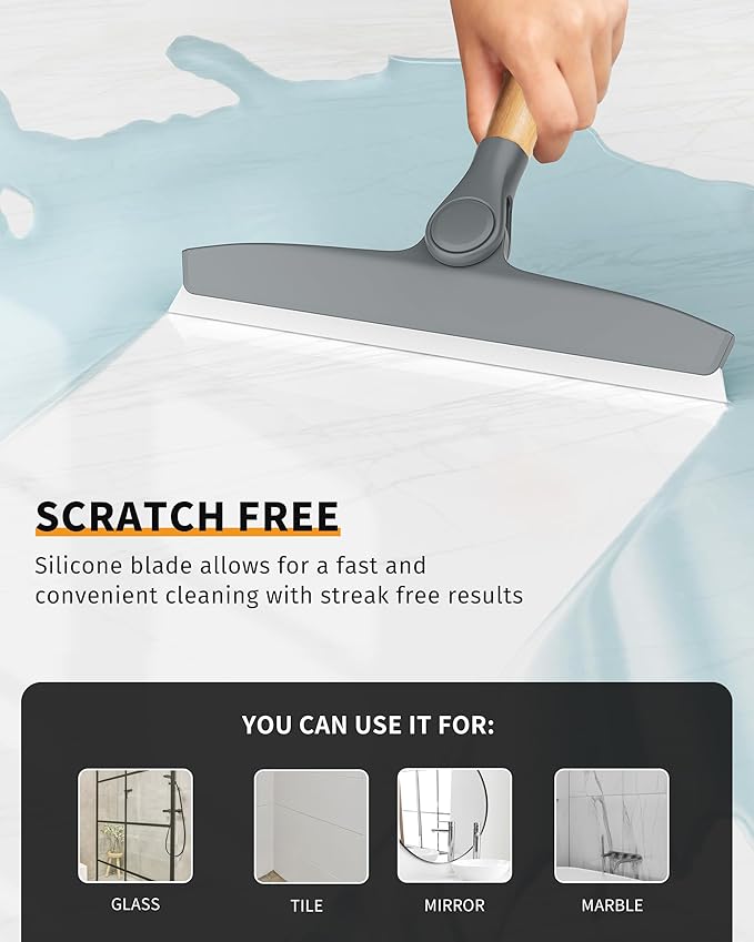 MR.SIGA Silicone Squeegee for Shower Door, Mirror, Glass, 10 inch, Gray | Streak free shower squeegee for windows, showers and glass surfaces, pivoting bamboo handle, includes 1 suction hook