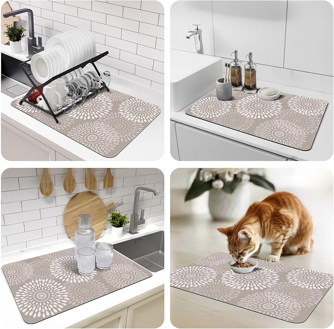 LuxStep Dish Drying Mat Super Absorbent Kitchen Counter Mat Rubber Backing Draining Mat Easy to Clean Kitchen Accessories Dish Rack Pad for Dishes, Utensils, Countertops, Sinks 16" x 24" Khaki