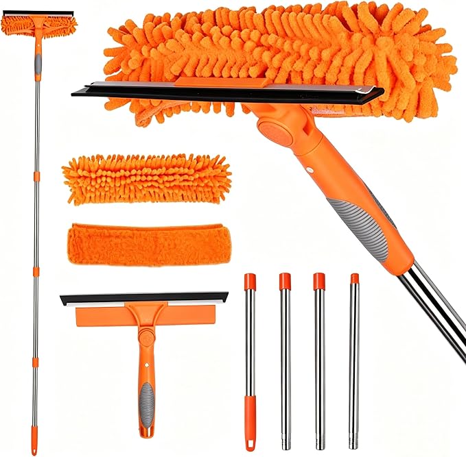 2-in-1 Window Cleaner Tool, 68'' Squeegee for Window Cleaning | Extension Pole, Scrubber with Rotating Head, Streak-Free Squeegee, Thickened Stainless Steel, In/Outdoor Washing Equipment